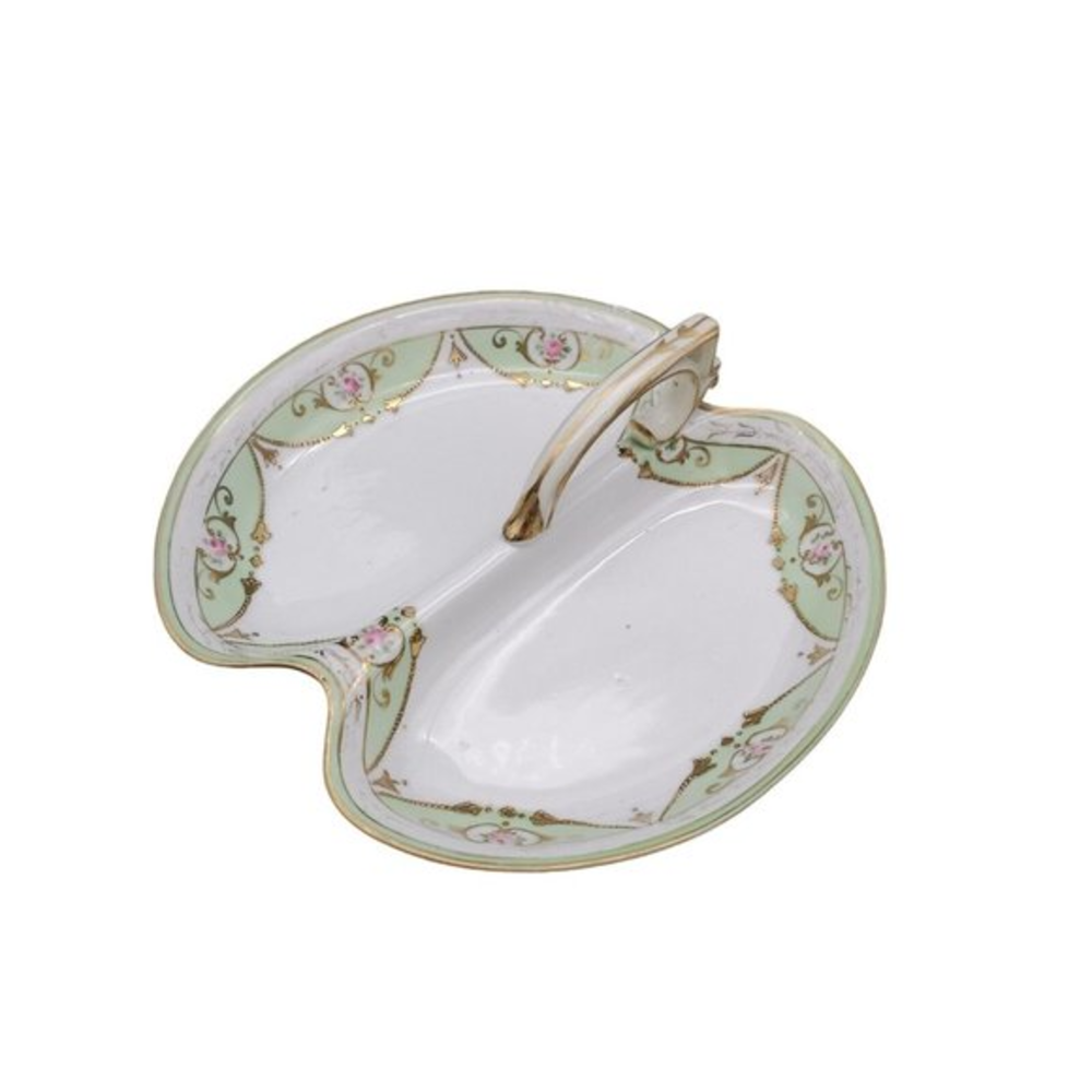 VTG Nippon Porcelain Handle Dish Basket Hand Painted Candy Dish Mint  White Gold